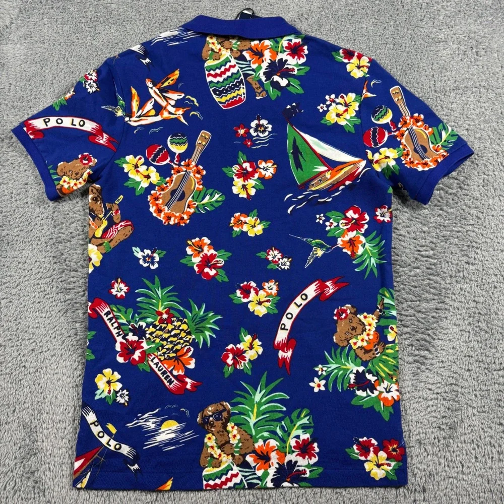NWT Polo‎ Ralph Lauren Mens XS Polo Bear Tropical Hawaiian Print Mesh Shirt Blue